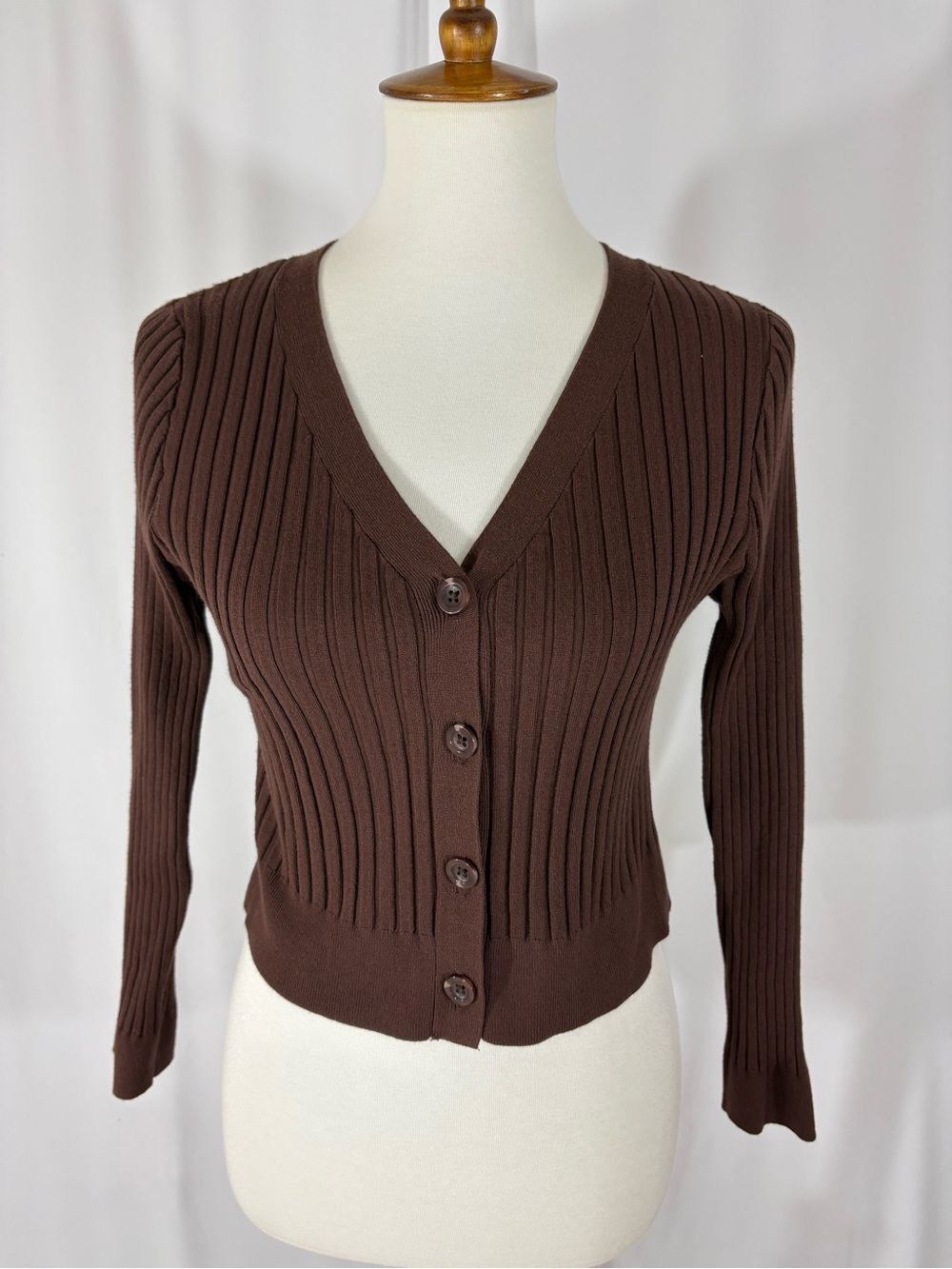 A New Day Chocolate Brown Ribbed V‑Neck Button Cardigan